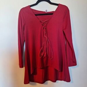 Red Lace Up Front V-Neck High Low Hooded Top Size Medium